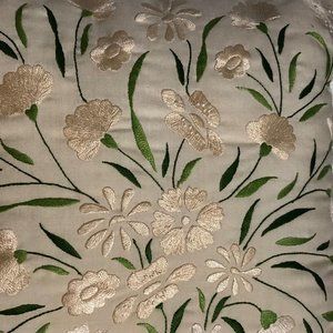 Cream Floral Embroidered 14 Inch Square Pillow Cream Flowers Green Leaves